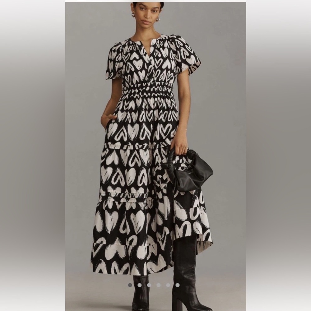 Anthropologie Maeve Somerset Black & White Heart Print Tiered Maxi Dress Medium - Picture 1 of 5